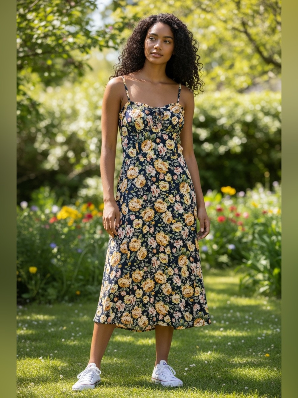 As U Wish Navy Floral Midi Dress with Yellow Roses